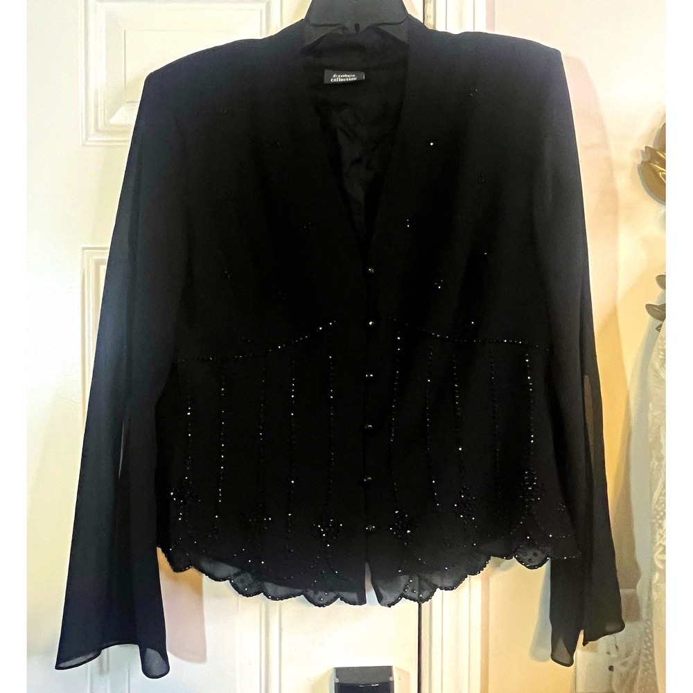 VTG Y2K Dressbarn Collection Black Beaded Sheer Bell Sleeve Blouse Jacket 16